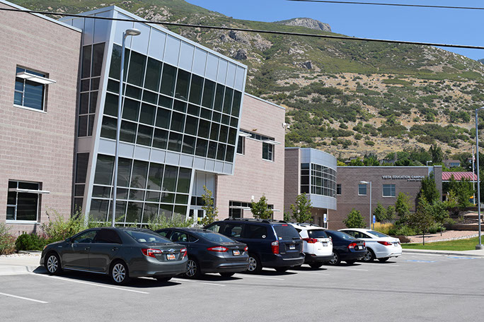 Vista Education Campus curtain wall with mountains in the background