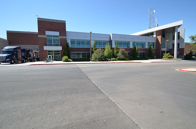 BYU Broadcast Building front entrance and parking lot