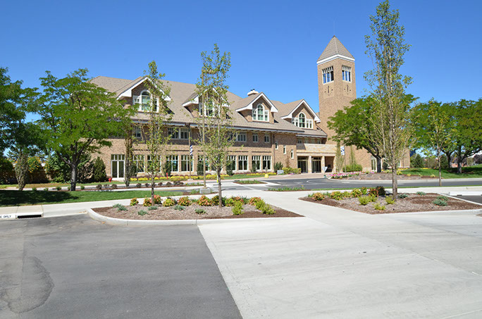BYU Gordon B. Hinckley Alumni Center front entrance and plaza