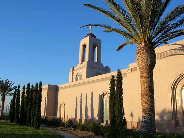 Newport Beach LDS Temple steeple and palm trees