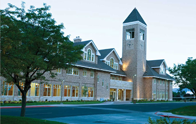 BYU Gordon B. Hinckley Alumni Center entrance and bell tower