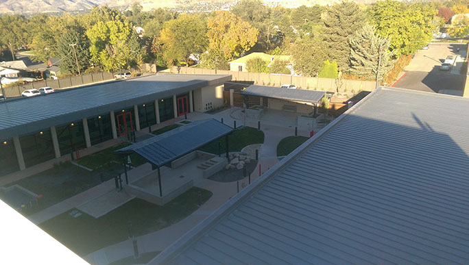 C. Mark Openshaw Education Center and Office Building courtyard area view from roof