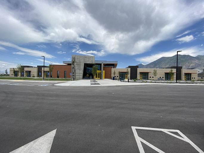 C. Mark Openshaw Education Center and Office Building trusses over gym and exposed x-braces