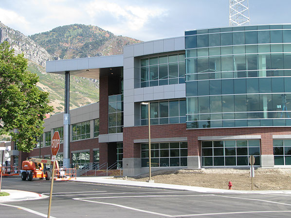 BYU Broadcast Building glass curtain wall and parking lot