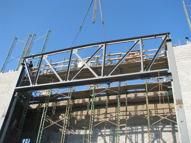 Davis Center for the Performing Arts king truss over stage under construction