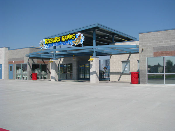 Rexburg Rapids front entry plaza with steel roof structure
