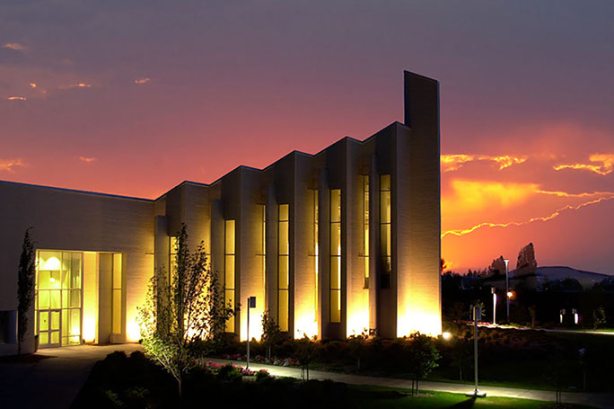 BYU-Idaho John Taylor Building front exterior view at sunset